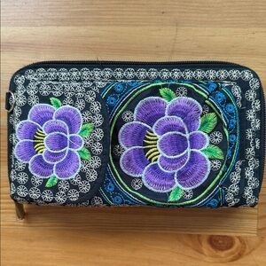 Embroidered Floral Zip Wallet - Purple/Black